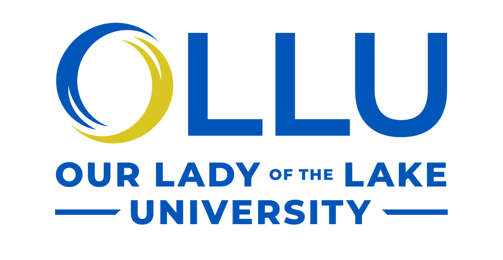 OLLU (Our Lady of the Lake University) logo featuring a stylized circular icon in blue and gold.